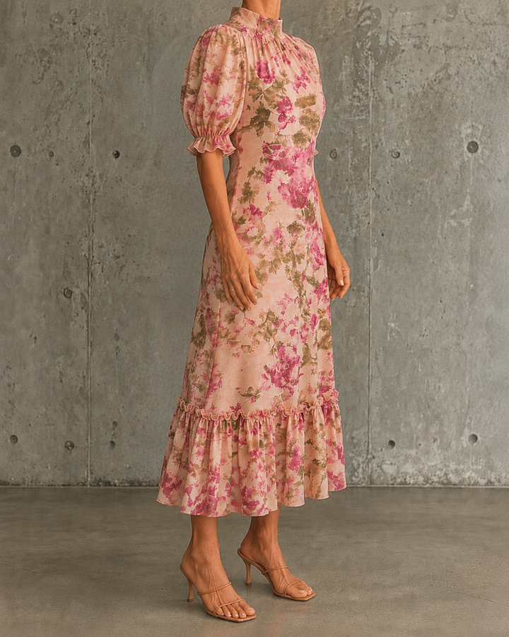 Mae | Vestido maxi con estampado de rosas vintage y mangas abullonadas